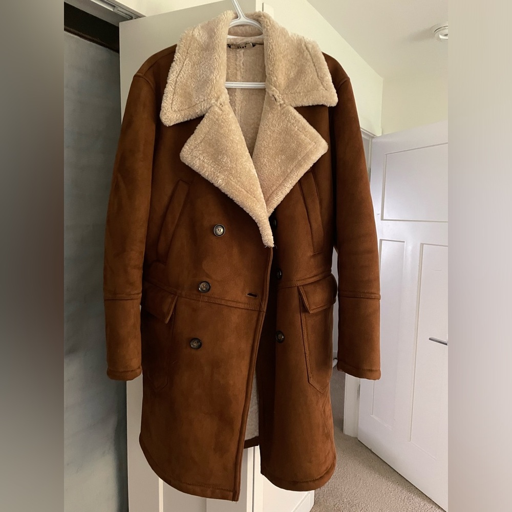Zara Brown Suede Shearling Coat with Cream Lining